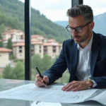 Un homme en costume marine étudie des documents immobiliers dans une agence à Andorre avec vue sur les montagnes pyrénéennes