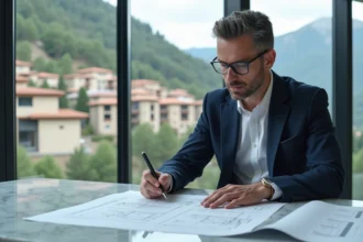 Un homme en costume marine étudie des documents immobiliers dans une agence à Andorre avec vue sur les montagnes pyrénéennes