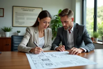 Couple d'acheteurs étrangers examinant des documents immobiliers avec leur notaire à l'île Maurice avant un investissement sécurisé