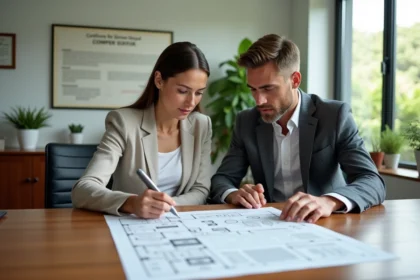 Couple d'acheteurs étrangers examinant des documents immobiliers avec leur notaire à l'île Maurice avant un investissement sécurisé
