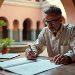 Acheteur étranger consultant des documents juridiques pour l'achat d'un riad à Marrakech, avec architecture traditionnelle marocaine en arrière-plan