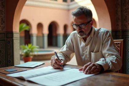 Acheteur étranger consultant des documents juridiques pour l'achat d'un riad à Marrakech, avec architecture traditionnelle marocaine en arrière-plan