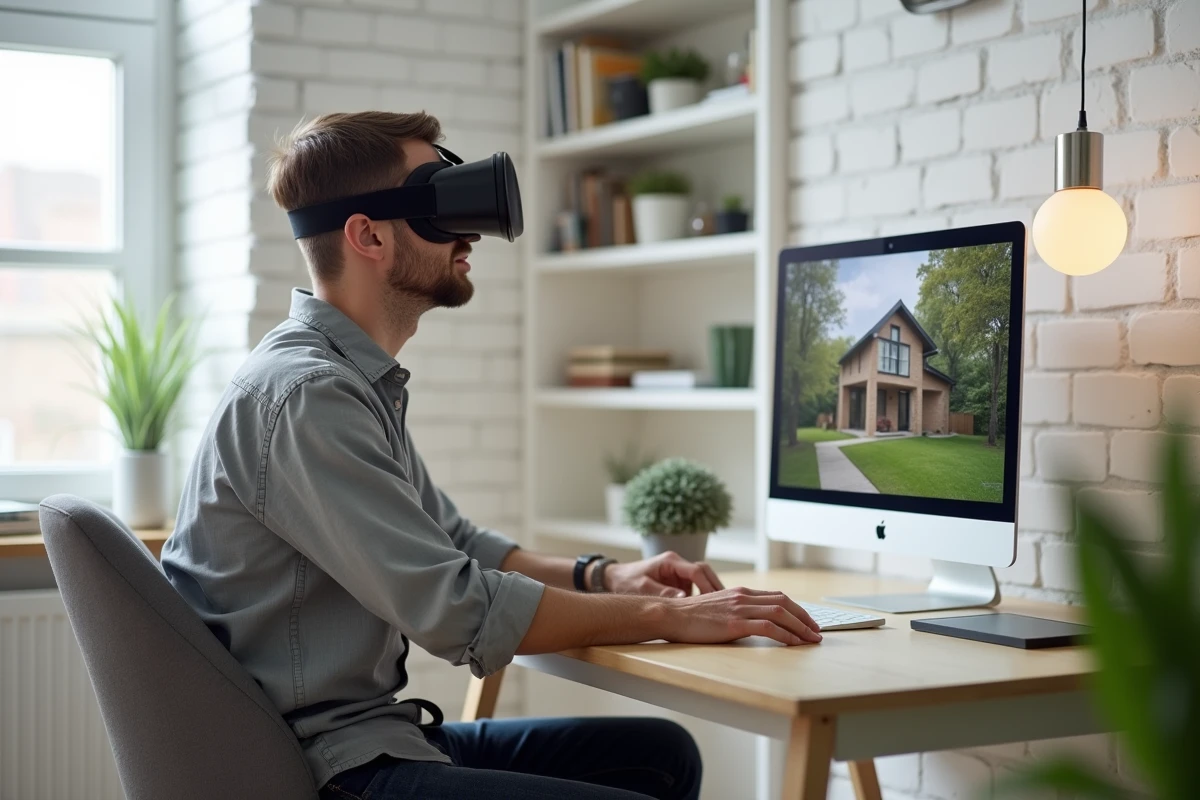 Acheteur immobilier explorant une visite virtuelle 360 avec casque VR depuis son bureau à domicile