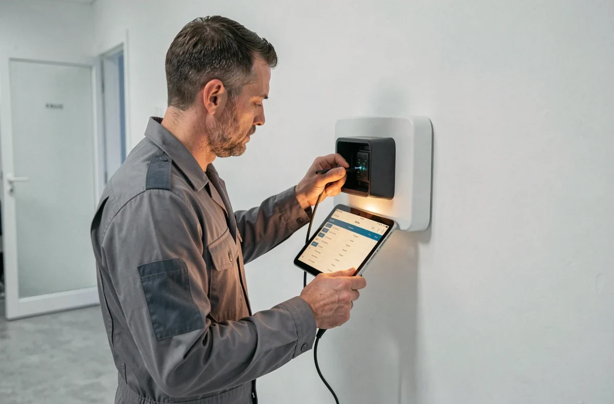 Technicien d'Ad-Services effectuant la maintenance d'un système de ventilation double-flux dans un appartement du Gard