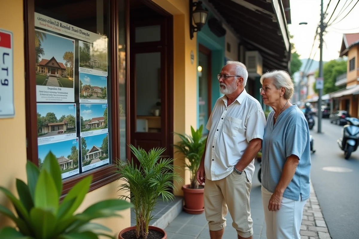 Couple de futurs acheteurs devant une agence immobilière thaïlandaise proposant des villas en bord de mer