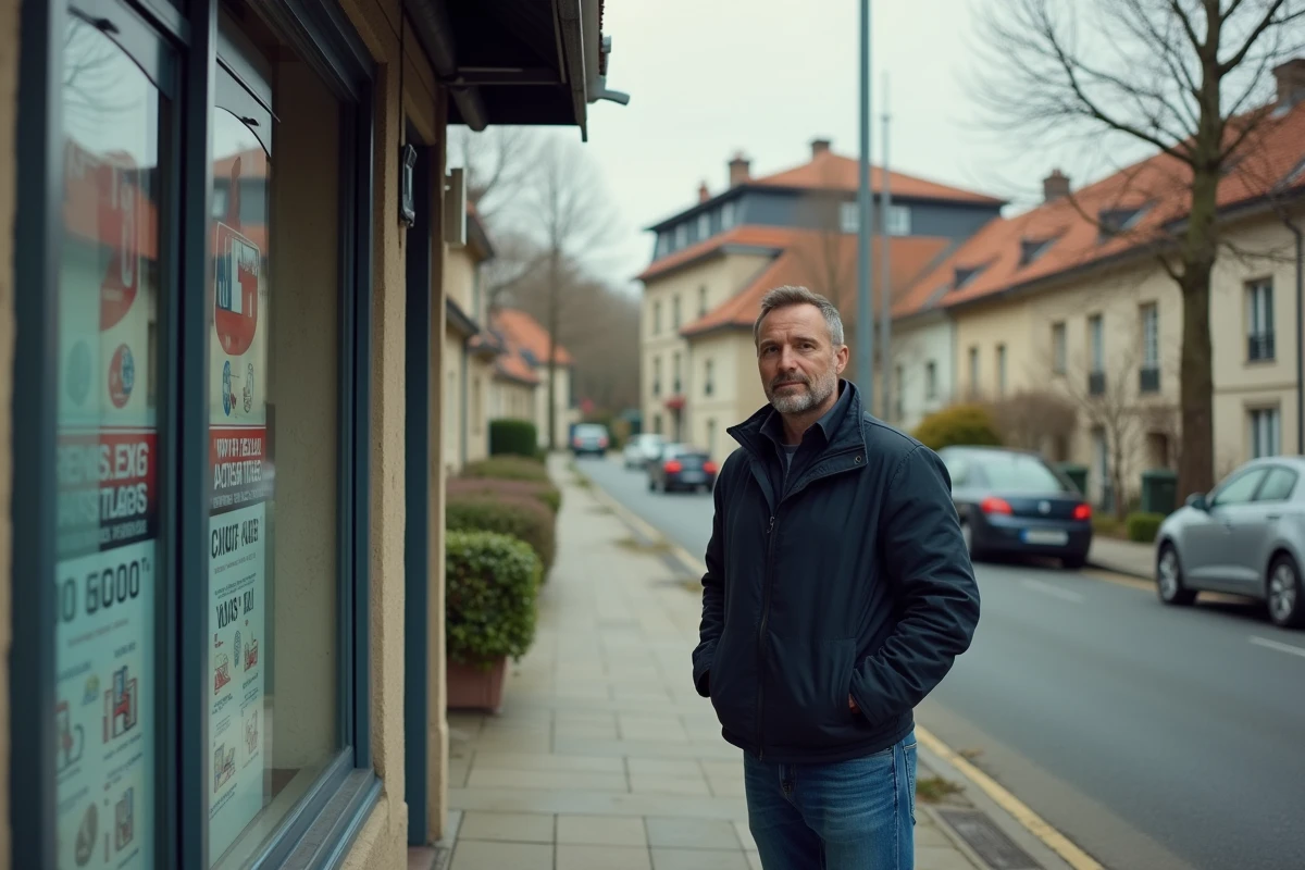 Homme devant une agence immobilière en banlieue française affichant des annonces de locations en zone tendue