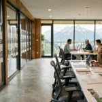 Vue panoramique d'une agence immobilière moderne en Auvergne-Rhône-Alpes avec des agents au travail et des Alpes en arrière-plan