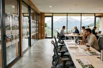 Vue panoramique d'une agence immobilière moderne en Auvergne-Rhône-Alpes avec des agents au travail et des Alpes en arrière-plan