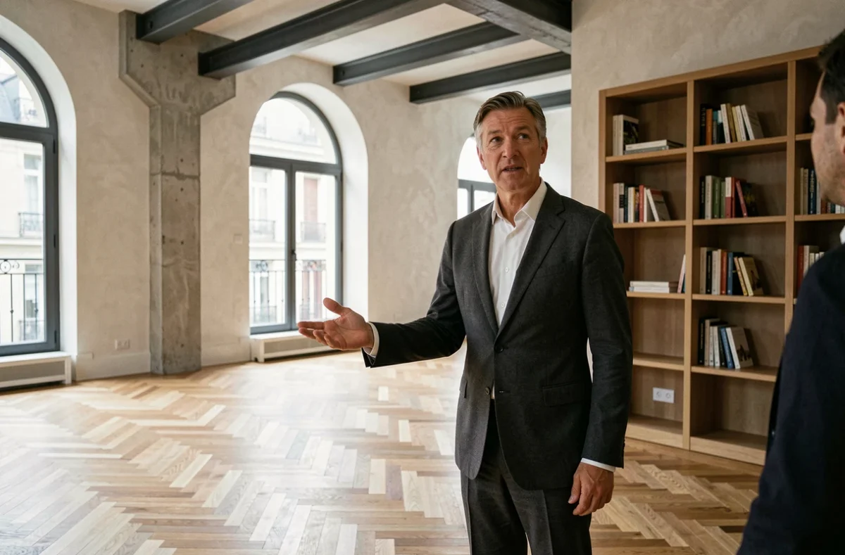 Agent immobilier présentant un appartement haussmannien rénové de prestige pour investissement locatif haut de gamme