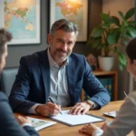 Agent immobilier et vendeurs signant un contrat de vente avec honoraires à la charge du vendeur, conforme à la loi Alur