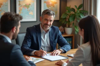 Agent immobilier et vendeurs signant un contrat de vente avec honoraires à la charge du vendeur, conforme à la loi Alur