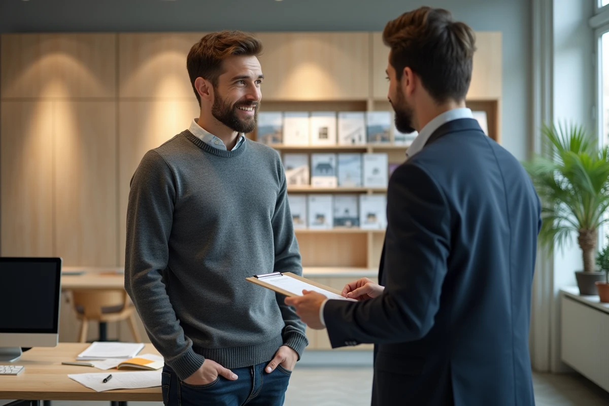 Jeune homme discute avec un agent immobilier dans une agence