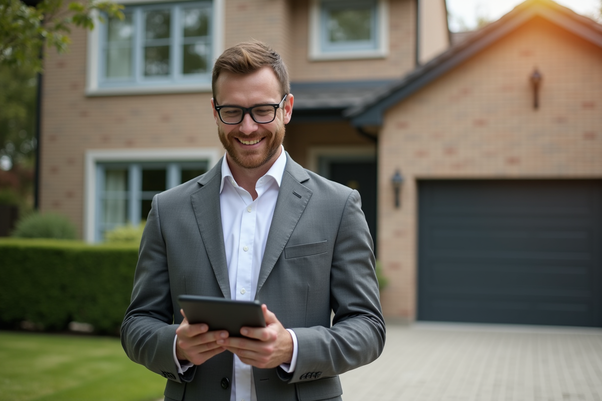 Agent immobilier utilisant une tablette devant une maison