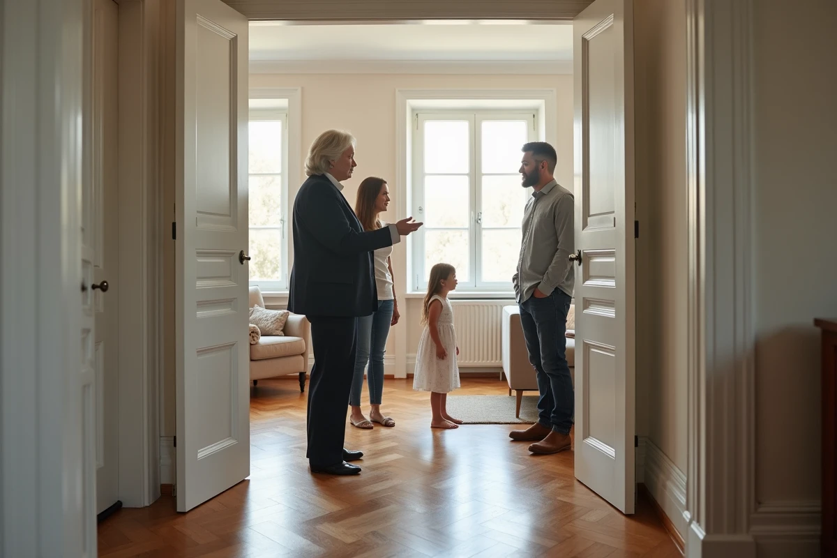 Agent immobilier expliquant les chambres à une famille