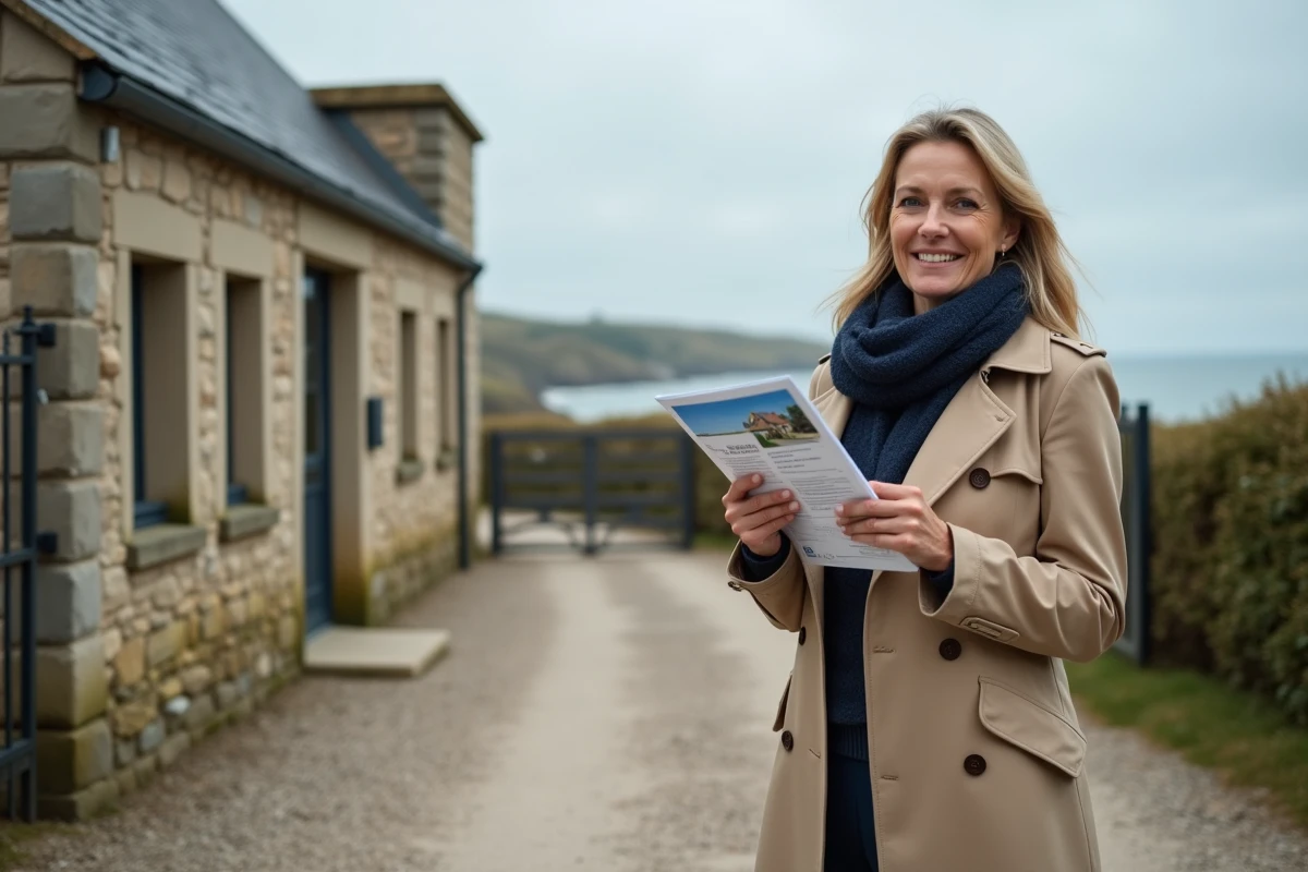 Agent immobilière devant une petite maison en pierre normande à vendre avec vue mer, présentation d'un bien en location saisonnière