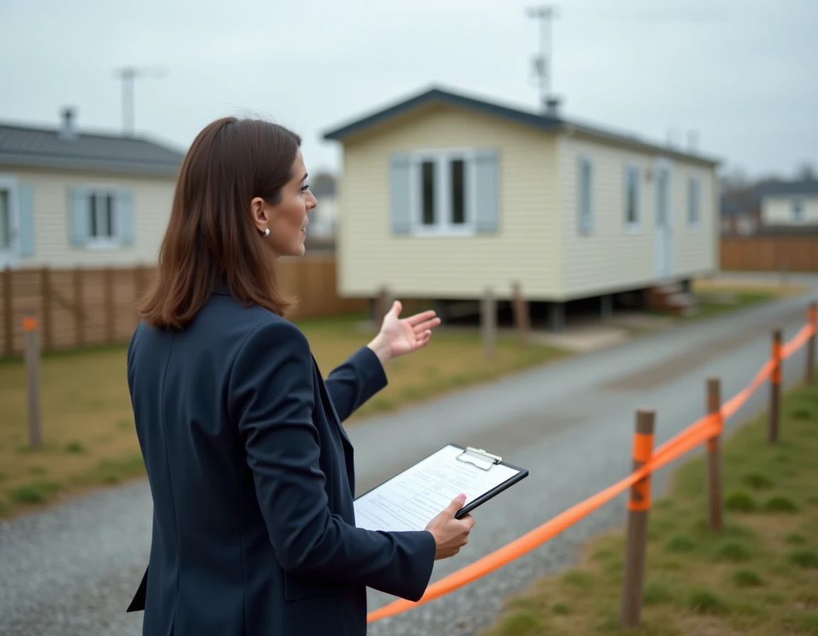 Agent immobilier indiquant les bornes d'une parcelle de terrain à vendre avec un mobil home