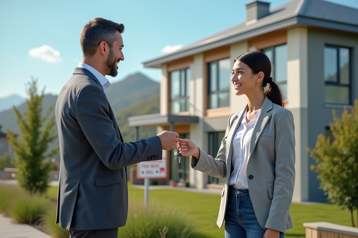 Agent immobilier donnant les clés à un jeune professionnel devant un immeuble