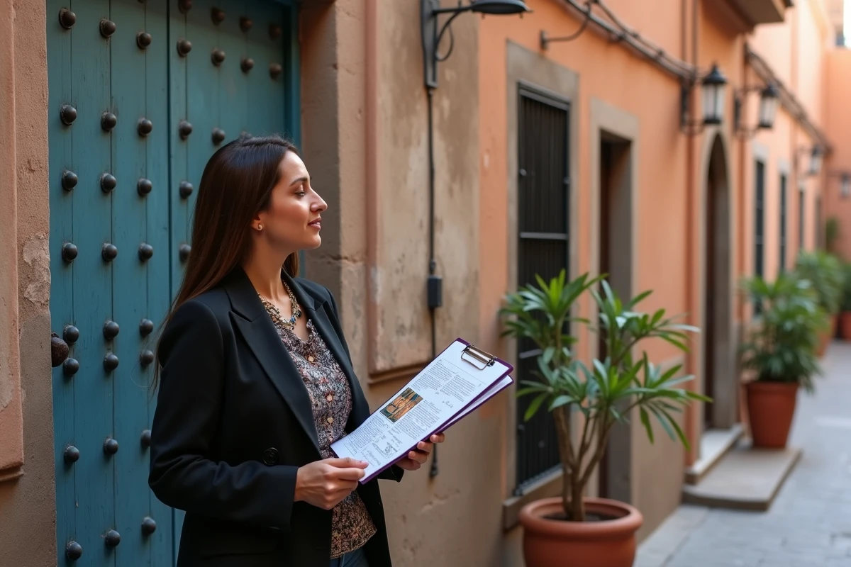 Agent immobilier marocaine devant la porte d'un riad à vendre dans la médina de Marrakech, illustrant les démarches administratives pour acheteurs étrangers