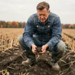 Agriculteur examinant la qualité du sol d'un terrain agricole avant achat ou location