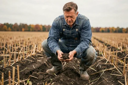 Agriculteur examinant la qualité du sol d'un terrain agricole avant achat ou location