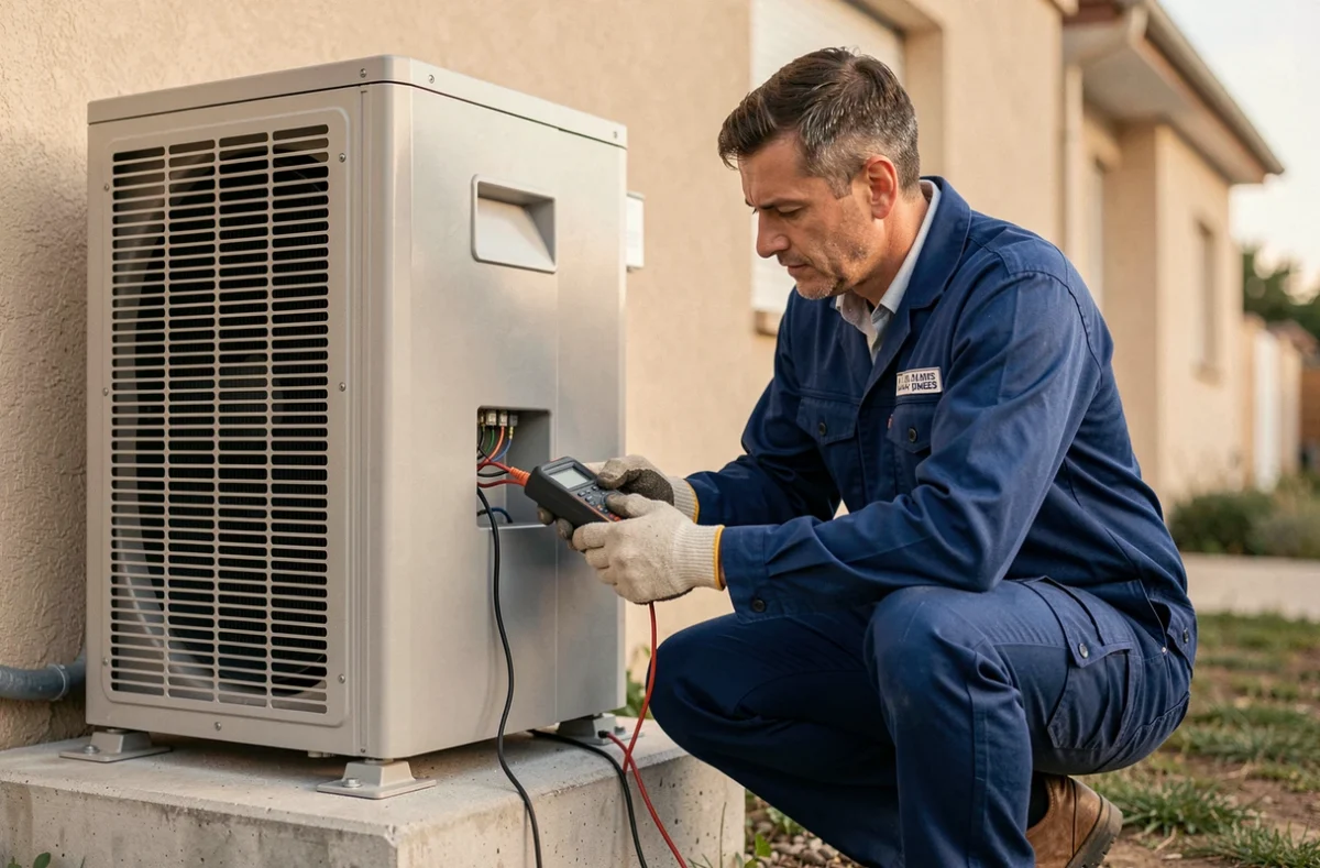 Technicien en train d'installer et contrôler une pompe à chaleur air-air sur la facade d'une habitation à Nîmes pour Air Eco Therm