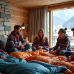 Groupe d'amis dans un appartement alpin cosy en hiver