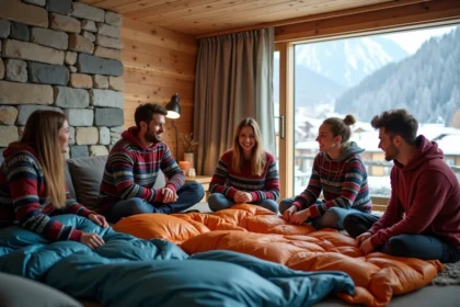 Groupe d'amis dans un appartement alpin cosy en hiver