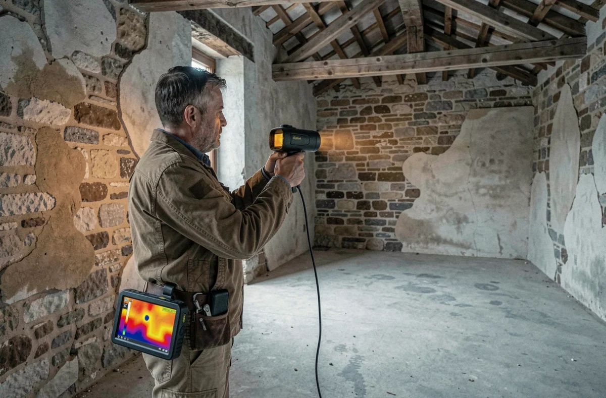 Architecte d'Ancediez Architecture réalisant un diagnostic thermique par caméra infrarouge dans une ancienne ferme du Gard