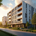 Extérieur d un immeuble moderne ensoleillé à l heure dorée avec lignes architecturales