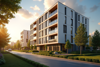 Extérieur d un immeuble moderne ensoleillé à l heure dorée avec lignes architecturales