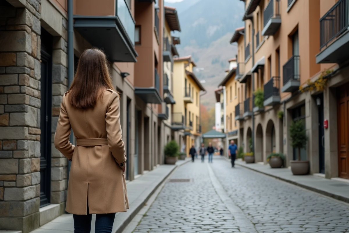 Une femme observe une résidence à vendre dans une rue pavée d'Andorre-la-Vieille en automne