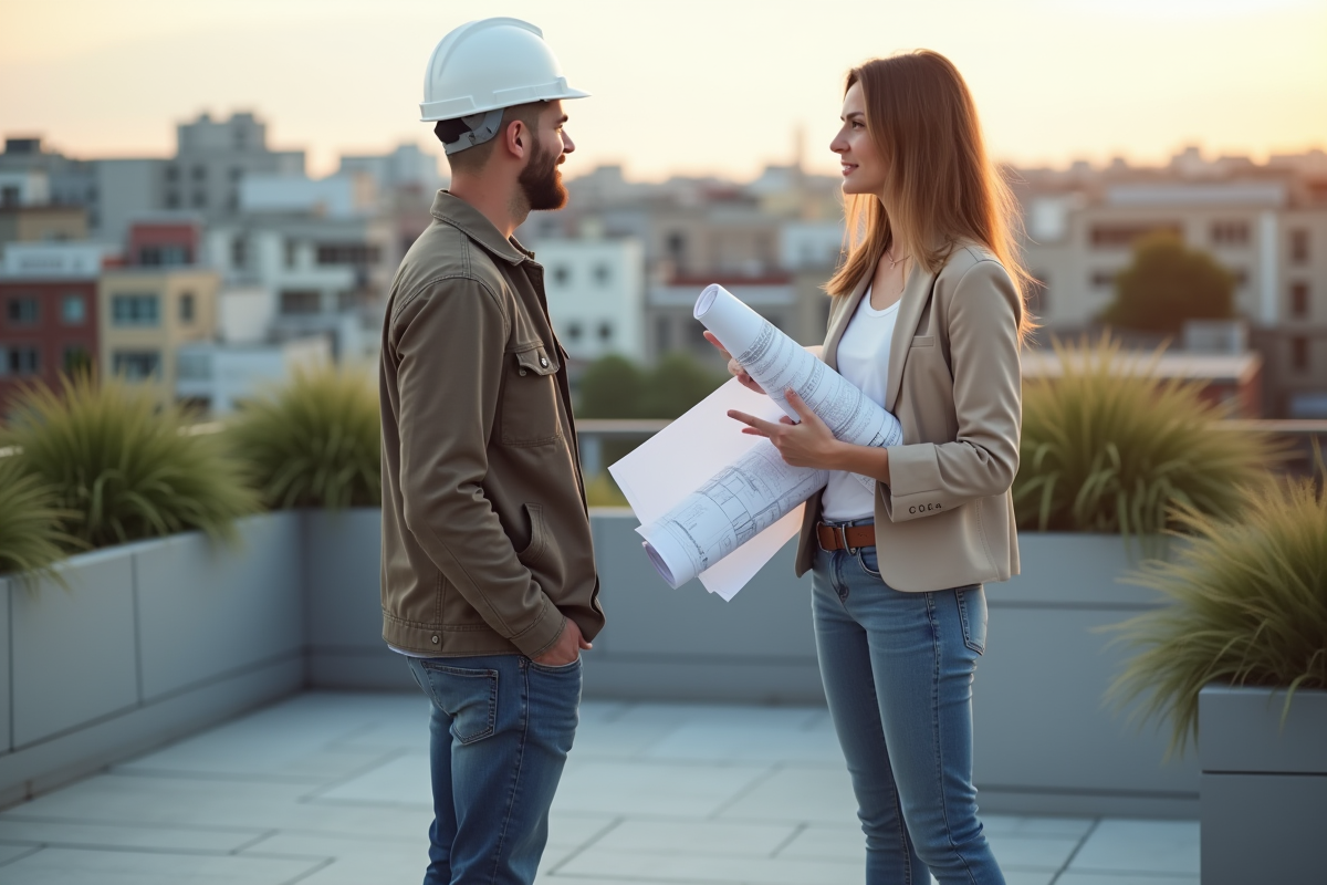 Jeune architecte discutant avec un entrepreneur sur un toit