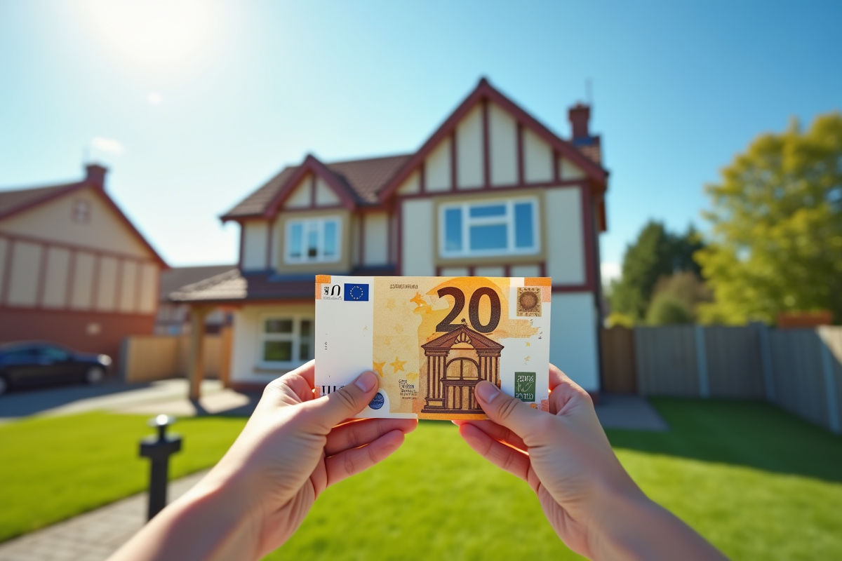 Mains tenant des billets devant une maison avec panneau vendu
