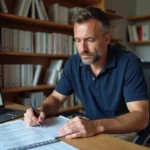 Artisan entrepreneur du bâtiment structurant son business de travaux à domicile avec des documents et un ordinateur portable