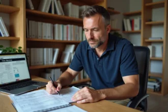 Artisan entrepreneur du bâtiment structurant son business de travaux à domicile avec des documents et un ordinateur portable