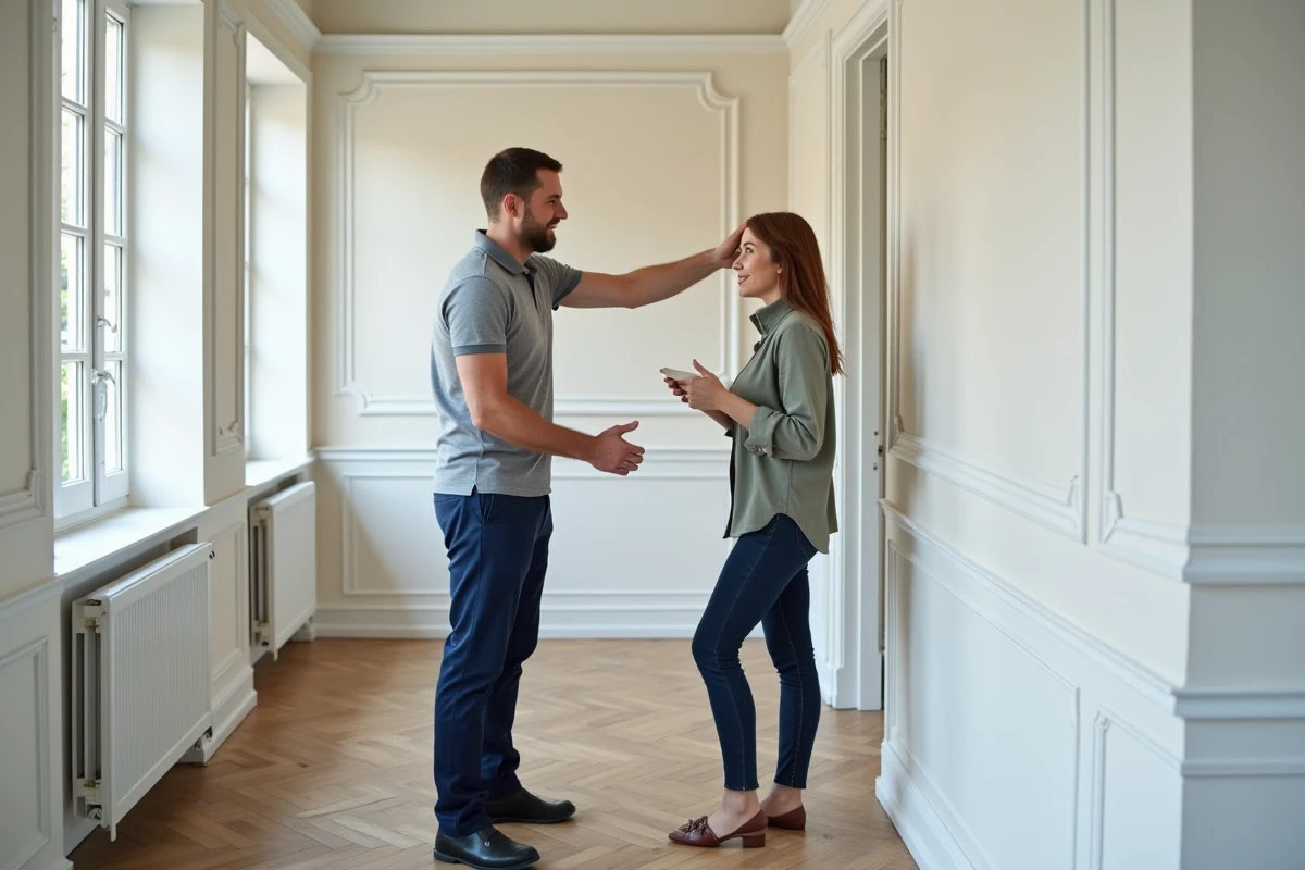 Artisan rénovateur présentant les finitions d'un appartement parisien rénové à une cliente satisfaite, avec parquet en chevrons et moulures blanches