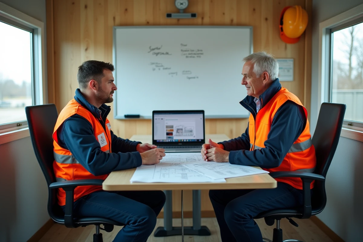 Deux artisans entrepreneurs discutant de la gestion et de la structuration d'un business de travaux sur un chantier