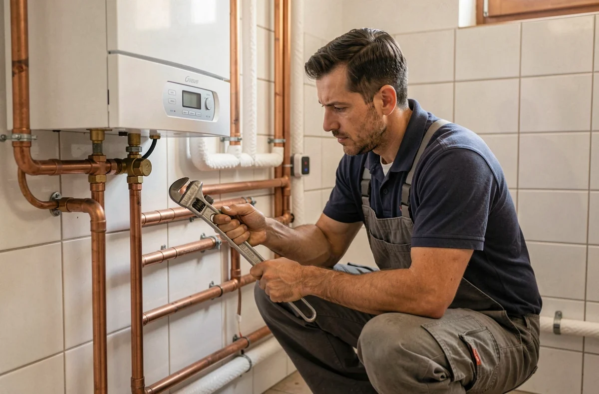 Plombier-chauffagiste de l'Atelier Dépannage installant une chaudière à condensation dans une pièce technique à Nîmes