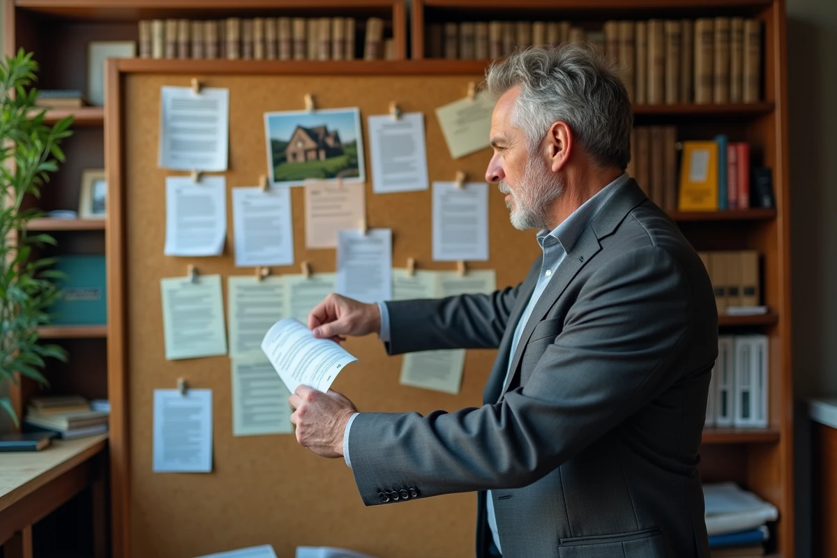 Avocat analysant des dossiers de réclamations contre des promoteurs immobiliers frauduleux