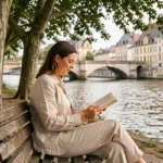 Femme lisant sur un banc en bois au bord de la Moselle à Metz, entourée de platanes et avec le reflet de l'architecture messine sur l'eau