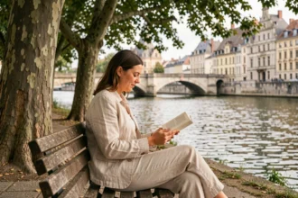 Femme lisant sur un banc en bois au bord de la Moselle à Metz, entourée de platanes et avec le reflet de l'architecture messine sur l'eau