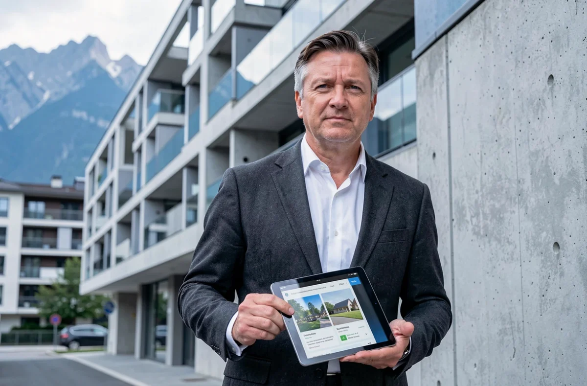 Agent de Boyer Torrollion Immobilier à Grenoble devant un immeuble moderniste avec la chaîne de Belledonne en arrière-plan