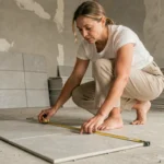 Femme mesurant des carreaux sur un sol en béton brut lors d'une rénovation pour calculer la surface en m2