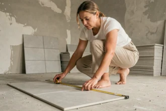 Femme mesurant des carreaux sur un sol en béton brut lors d'une rénovation pour calculer la surface en m2