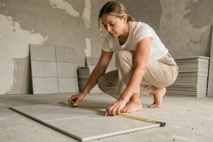 Femme mesurant des carreaux sur un sol en béton brut lors d'une rénovation pour calculer la surface en m2