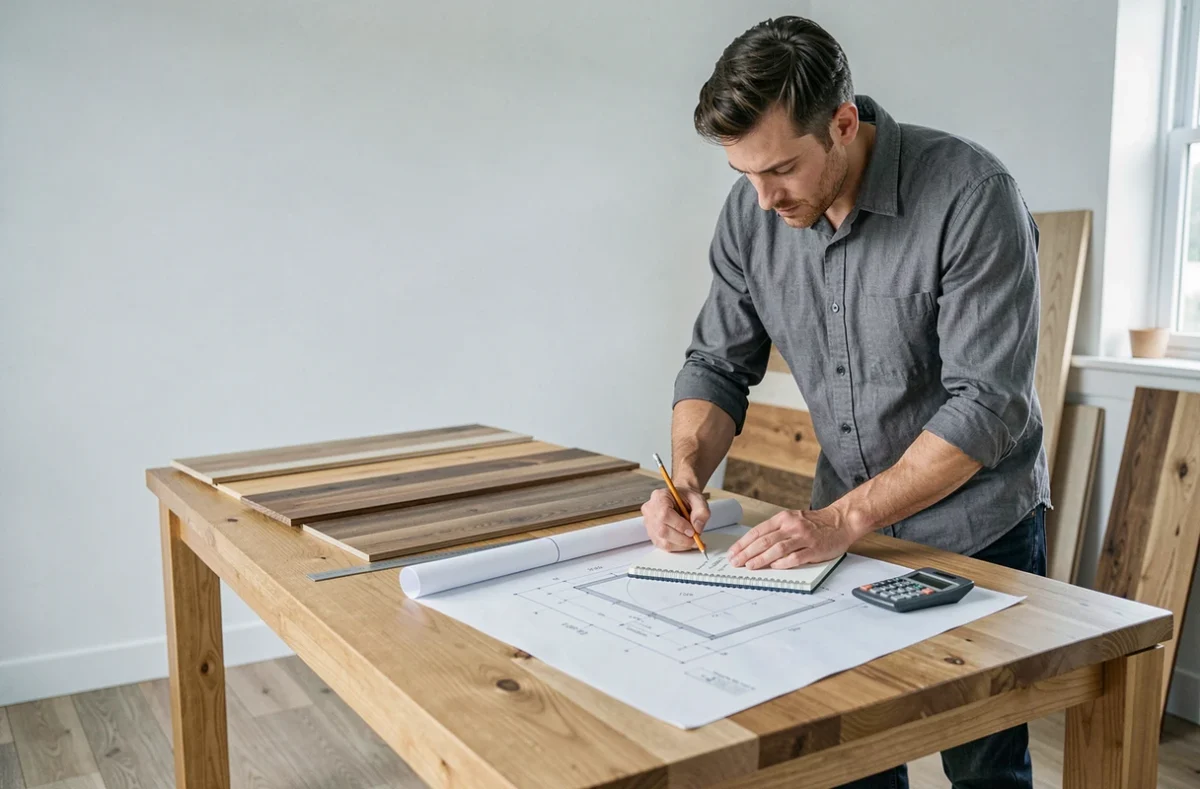 Homme comparant des échantillons de parquet et calculant la surface au sol sur un plan de rénovation