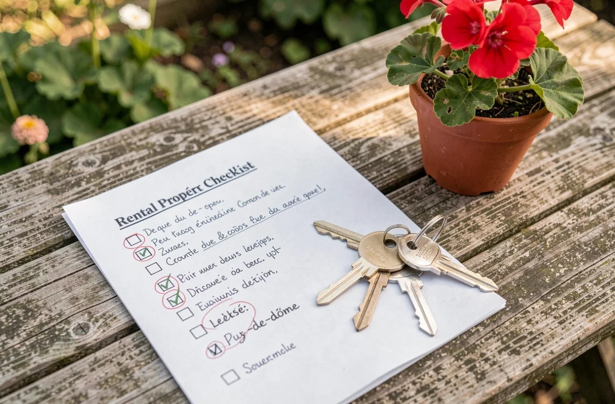 Checklist de location et clés de maison posées sur une table de jardin dans le Puy-de-Dôme, symbolisant les erreurs à éviter pour louer une petite maison avec jardin