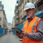 Chef de chantier en gilet orange consultant une tablette devant un chantier parisien en 2026, avec échafaudages et barrières de sécurité