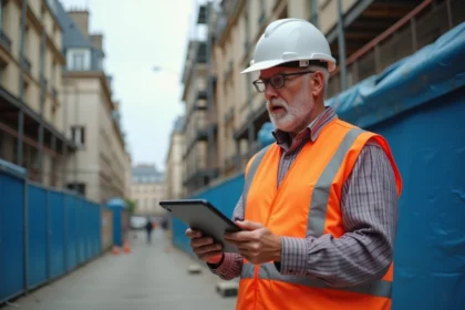 Chef de chantier en gilet orange consultant une tablette devant un chantier parisien en 2026, avec échafaudages et barrières de sécurité