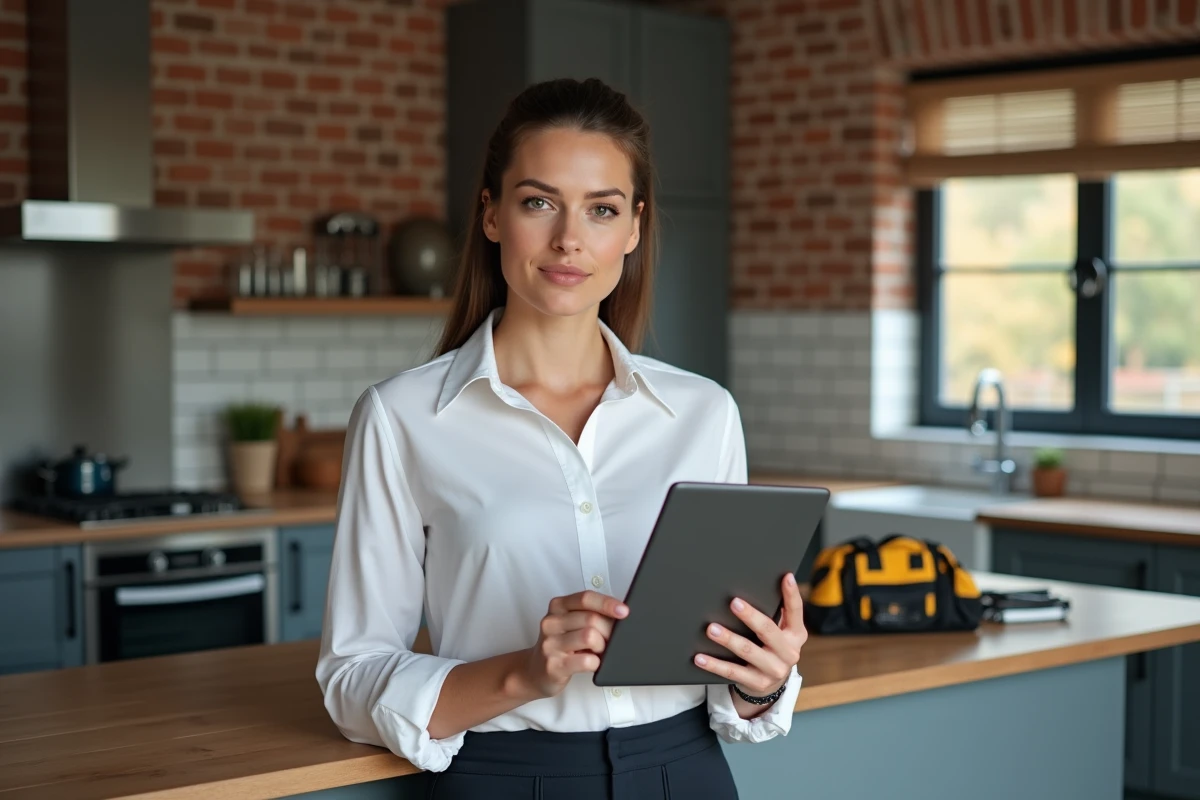 Cheffe d'entreprise de travaux à domicile consultant un tableau de bord professionnel sur tablette dans une cuisine rénovée